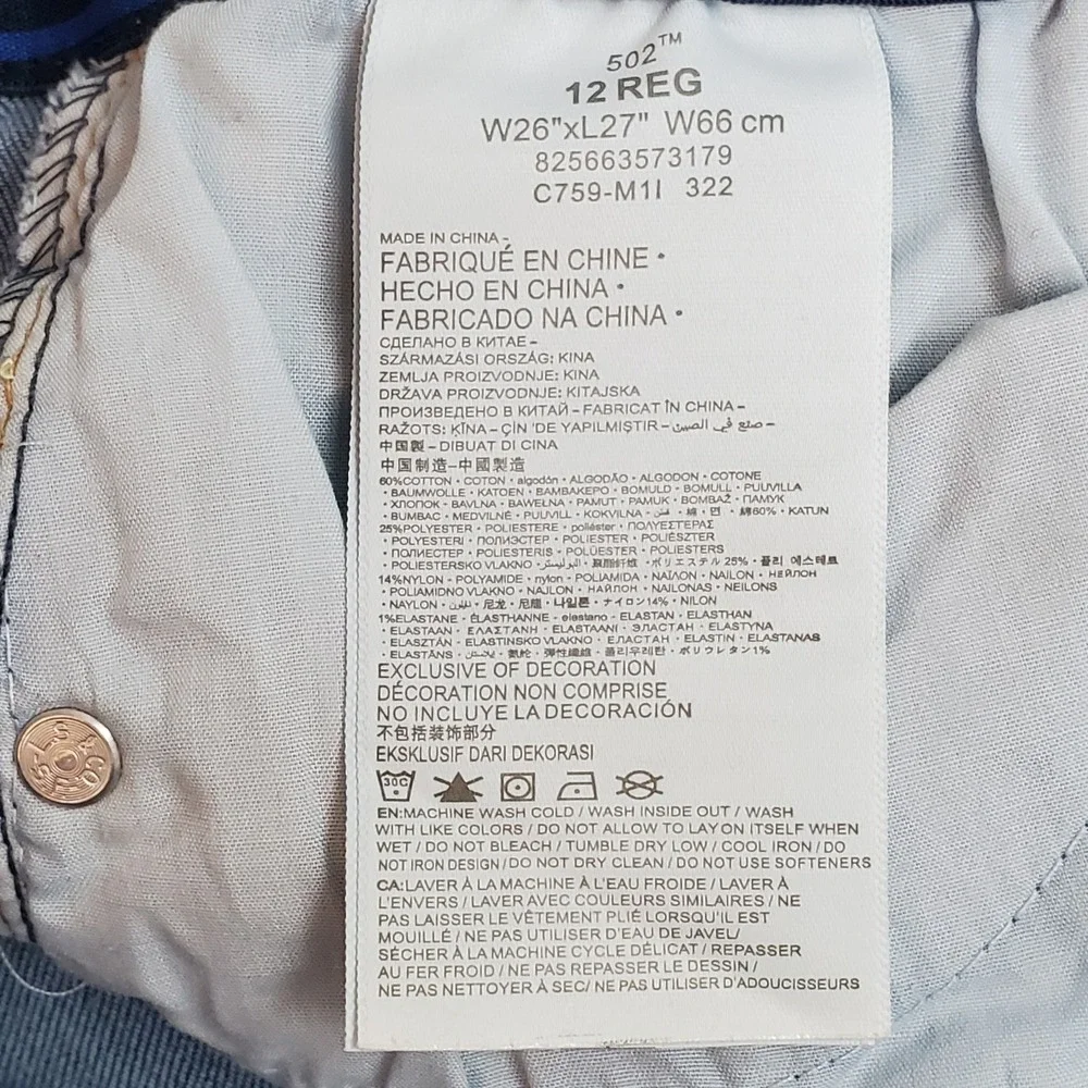 Levi's 502 Boys Jeans 26X27 Blue Denim Regular Taper 28